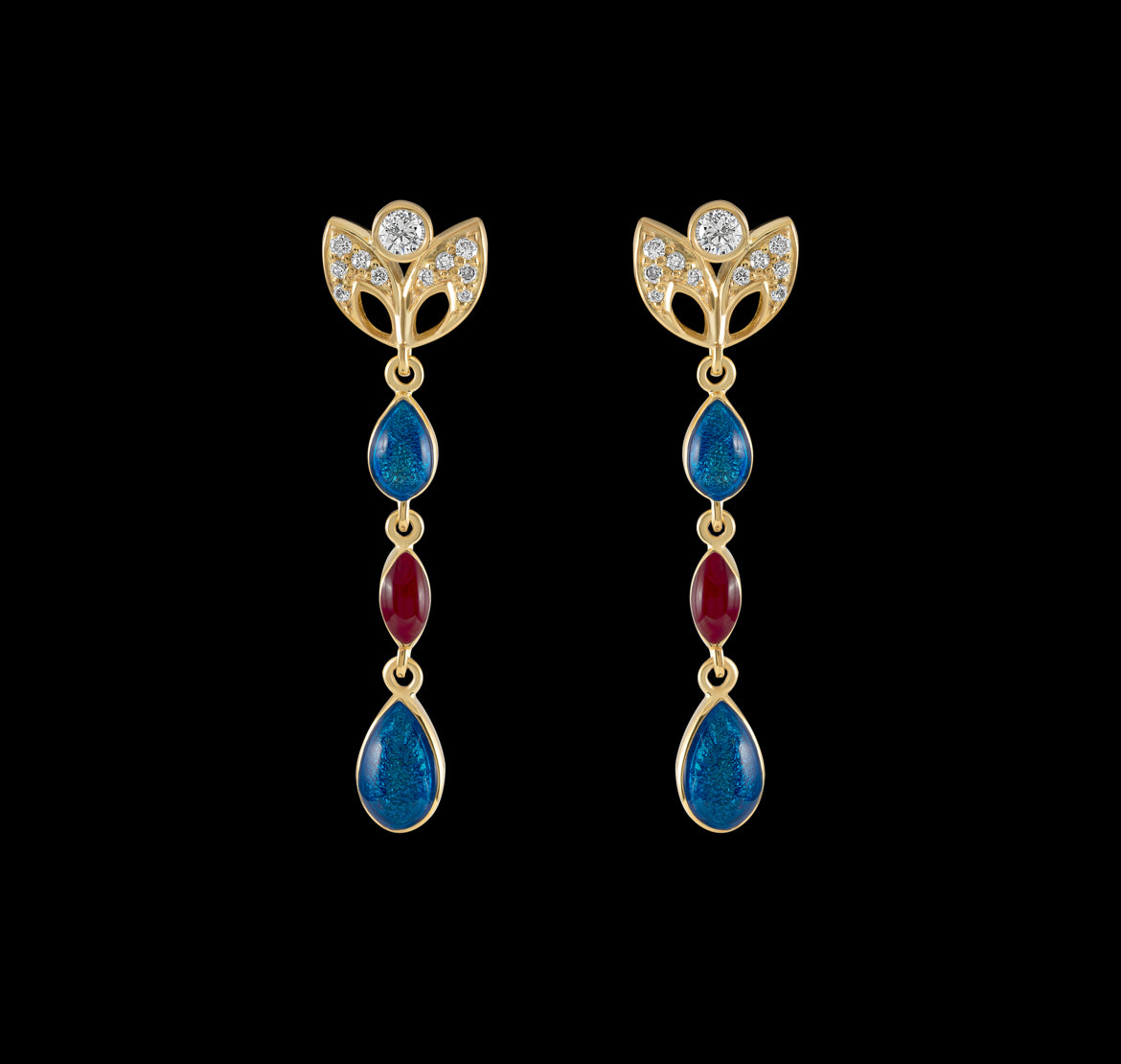 Leaves of maroon enamel earrings